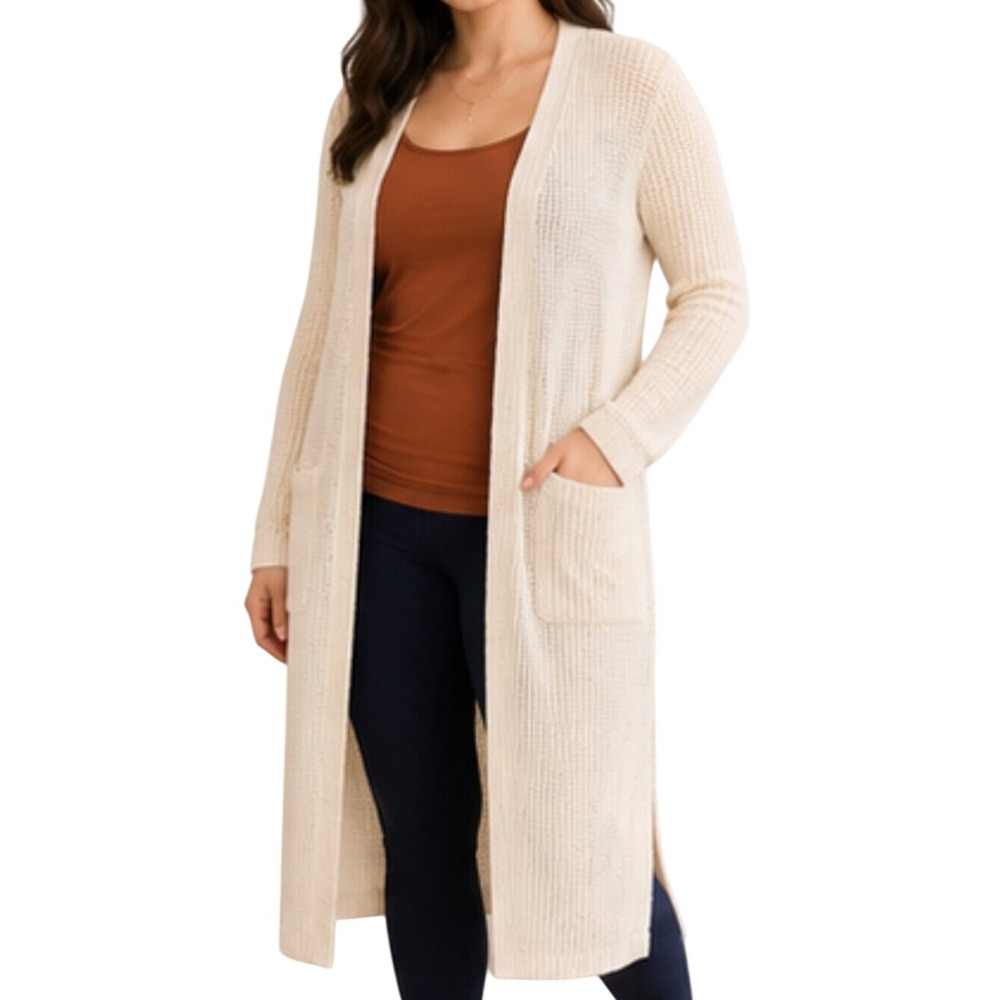Altar'd State Cream Waffle Knit Long Duster Cardigan Open Front Pockets Large